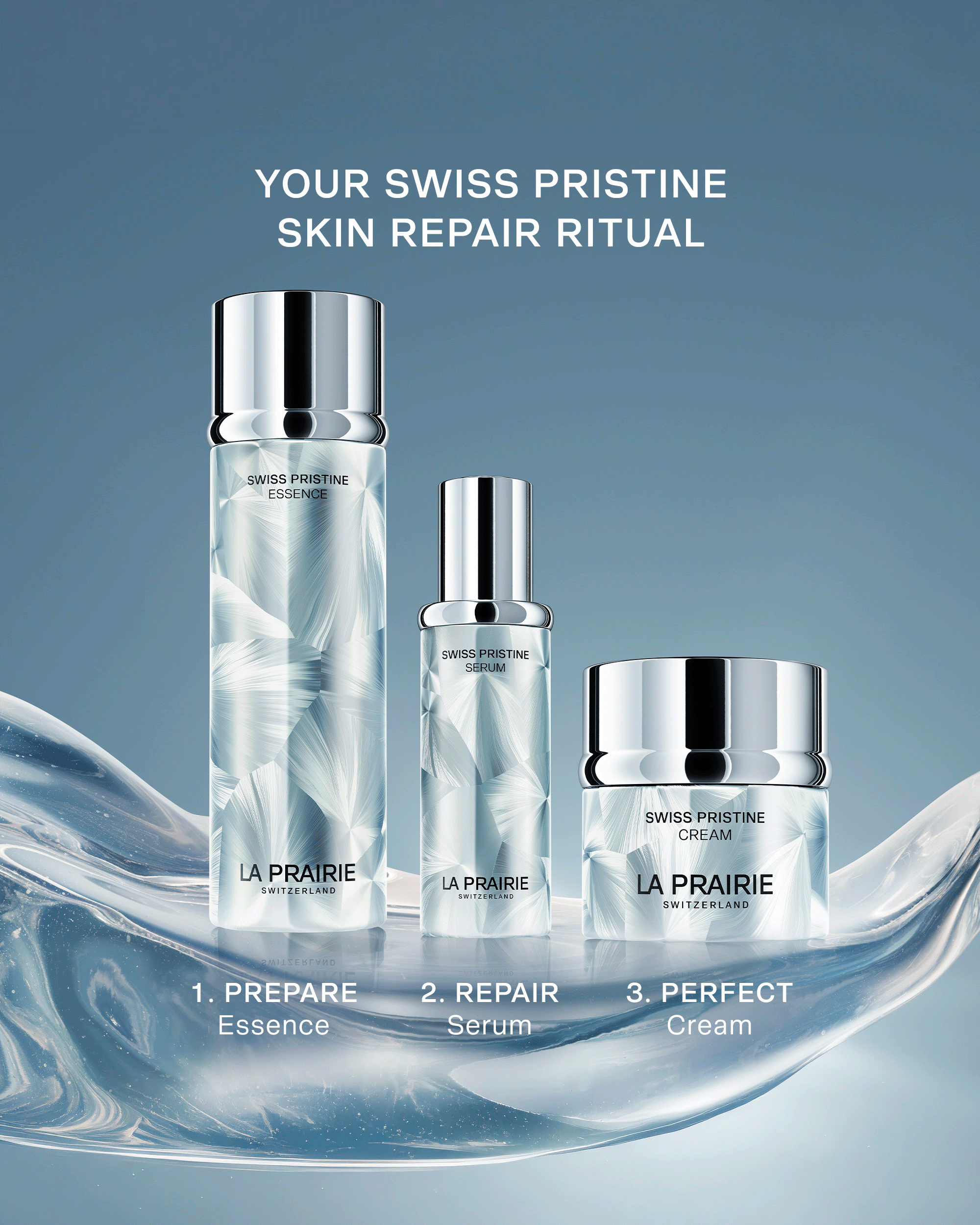 The complete La Prairie Swiss Pristine Skin Repair Ritual featuring Essence, Serum, and Cream in three steps: Prepare, Repair, and Perfect.