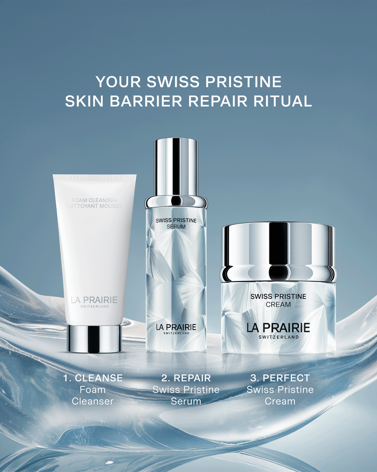 La Prairie Swiss Pristine Skin Barrier Repair Ritual featuring Foam Cleanser, Swiss Pristine Serum, and Swiss Pristine Cream in a three-step cleanse, repair, and perfect routine.