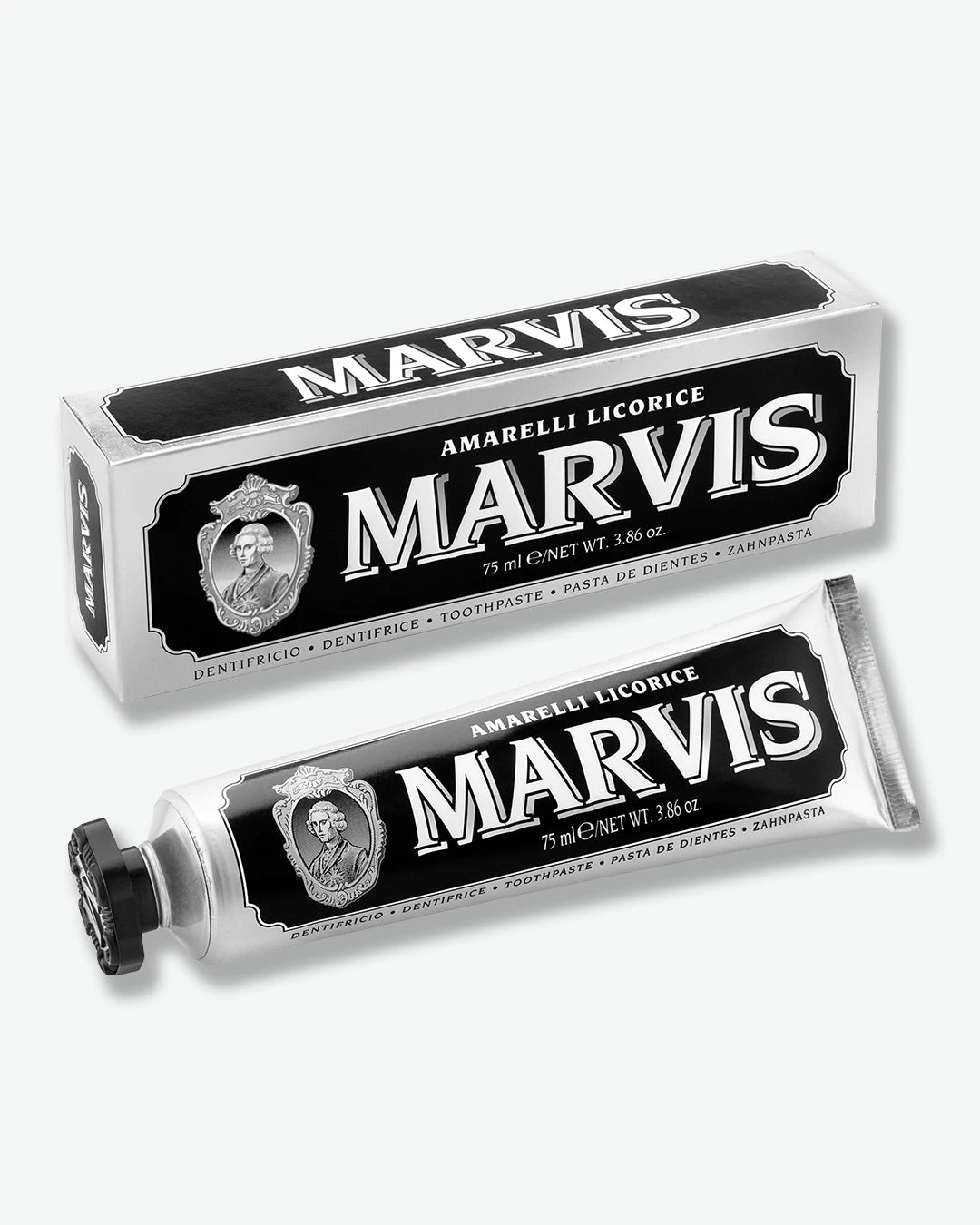 Marvis toothpaste tube and packaging on a white background