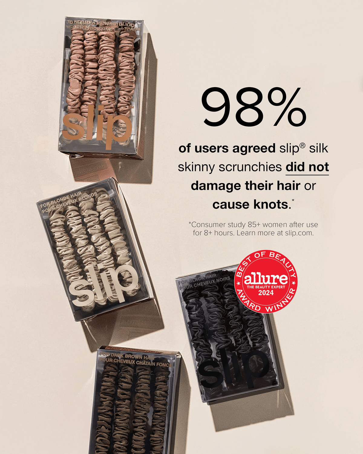 Slip silk skinny scrunchies infographic highlighting that 98% of surveyed users agreed the scrunchies did not damage their hair or cause knots, alongside assorted product packaging.