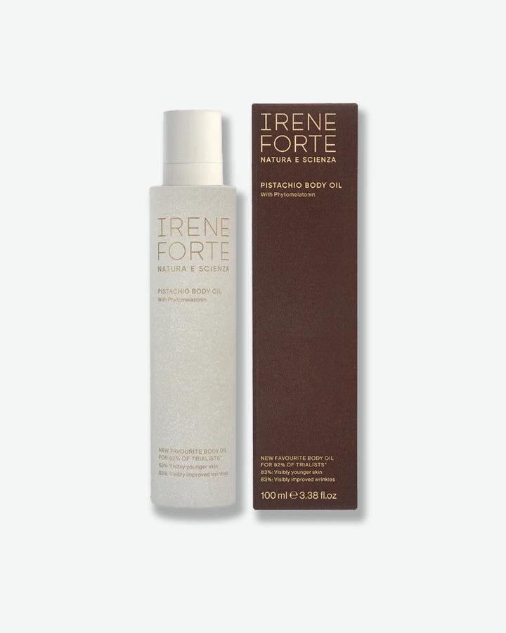 Irene Forte body oil bottle and packaging on a white background