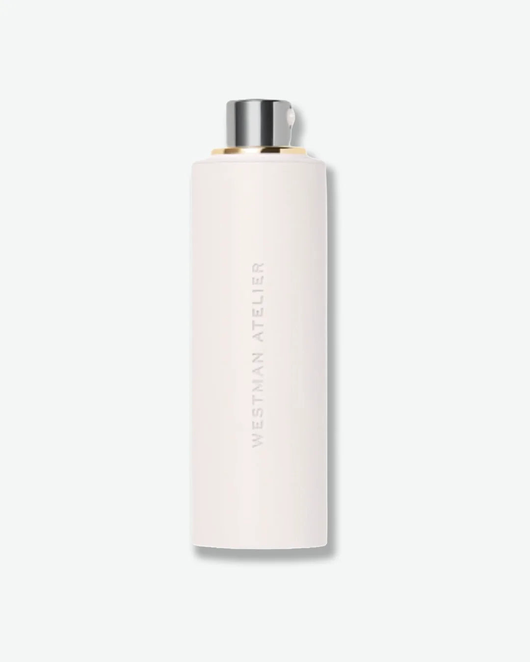 White cylindrical bottle with silver cap on a white background