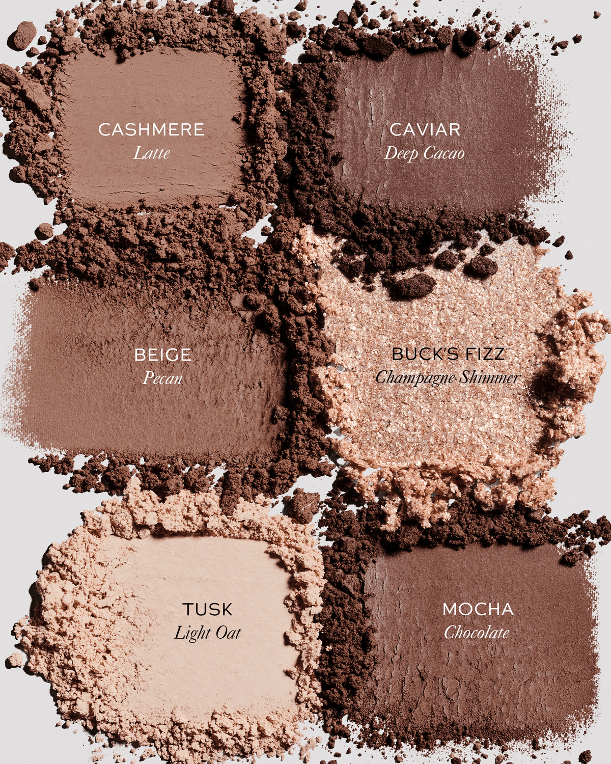 Westman Atelier eyeshadow swatches showing six neutral shades: Cashmere, Caviar, Beige, Bucks Fizz, Tusk, and Mocha in matte and shimmer finishes.