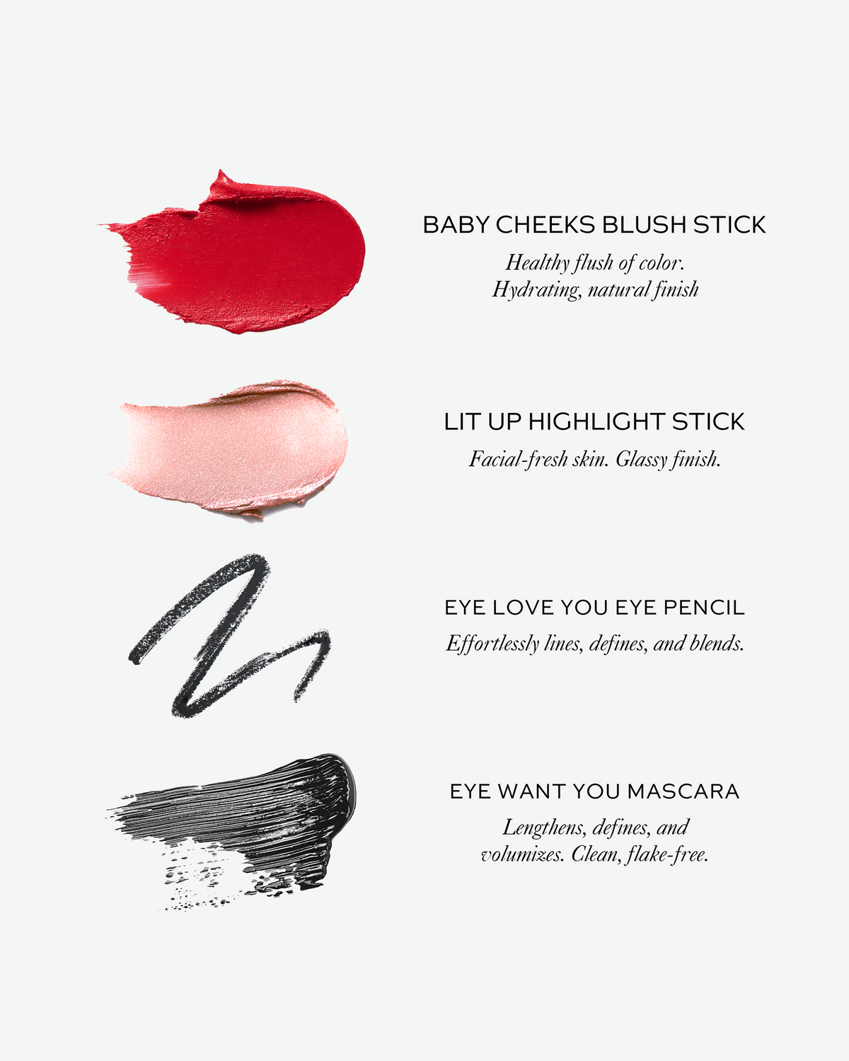 Westman Atelier Petite Party swatches showing the Baby Cheeks Blush Stick, Lit Up Highlight Stick, Eye Love You Eye Pencil, and Eye Want You Mascara textures and finishes.