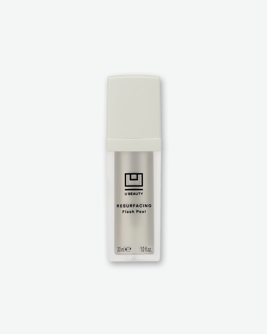 A product shot of a U Beauty Resurfacing Flash Peel bottle, centered against a plain light gray background. The square-edged bottle features a frosted clear plastic outer shell revealing a sleek silver inner cylinder, and it is topped with an opaque off-white cap. The front displays the black brand logo emblem, the product title "RESURFACING Flash Peel", and the volume details "30mL e 1.0 fl.oz." near the base.