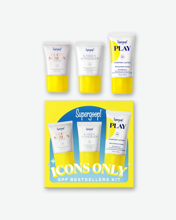 Three Supergoop sunscreen tubes standing in a row against a plain white background, each displaying its texture formulation. The Glow Screen SPF 40 tube on the left features a shimmery, pearlescent champagne-tinted cream swatch behind it. The middle tube is Unseen Sunscreen SPF 40. The PLAY Everyday Lotion SPF 50 tube on the right features a thick dollop of white lotion formula swatched behind it.