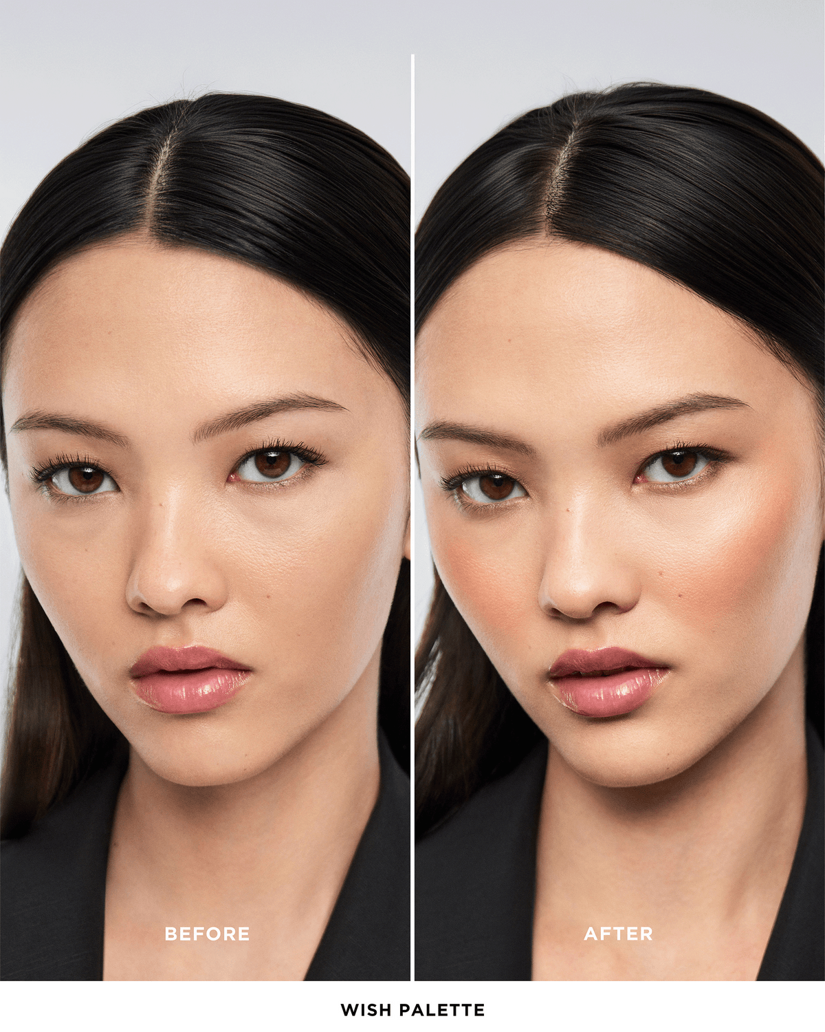 Before-and-after comparison showing the model’s complexion before and after applying the Hourglass Wish Palette, with enhanced warmth, blush, and radiance.