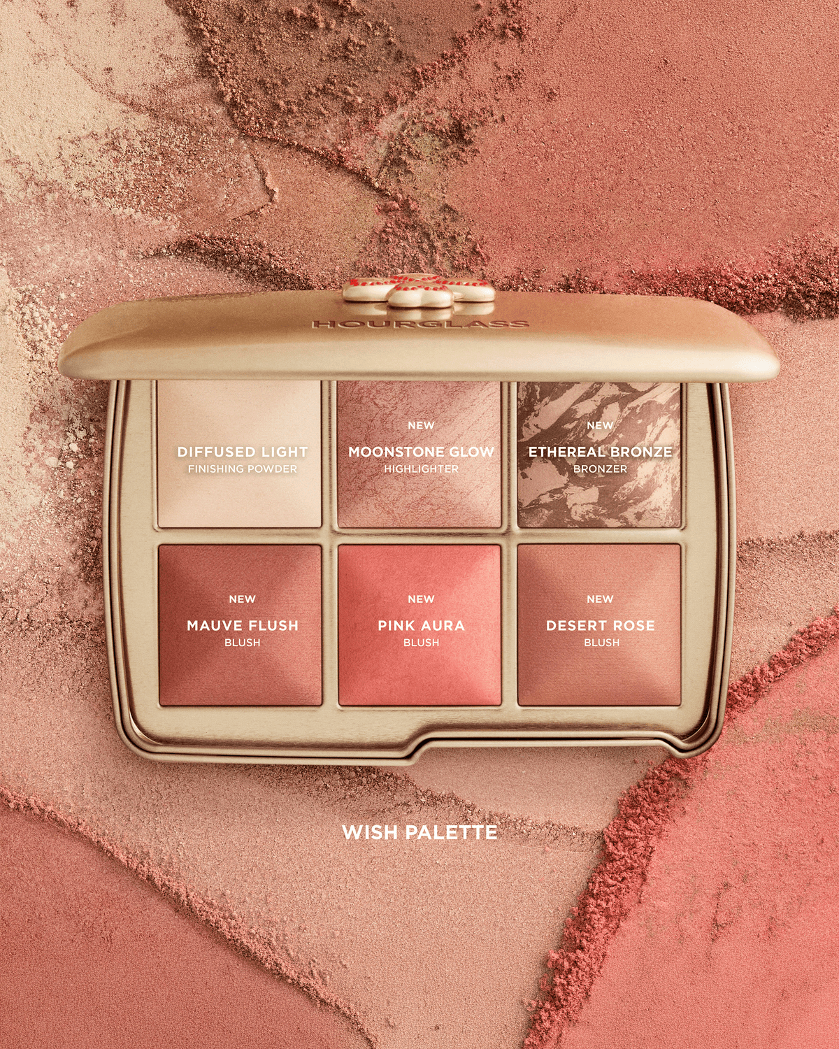 Open Hourglass Wish Palette surrounded by coordinating powder textures, featuring Diffused Light, Moonstone Glow, Ethereal Bronze, Mauve Flush, Pink Aura, and Desert Rose.