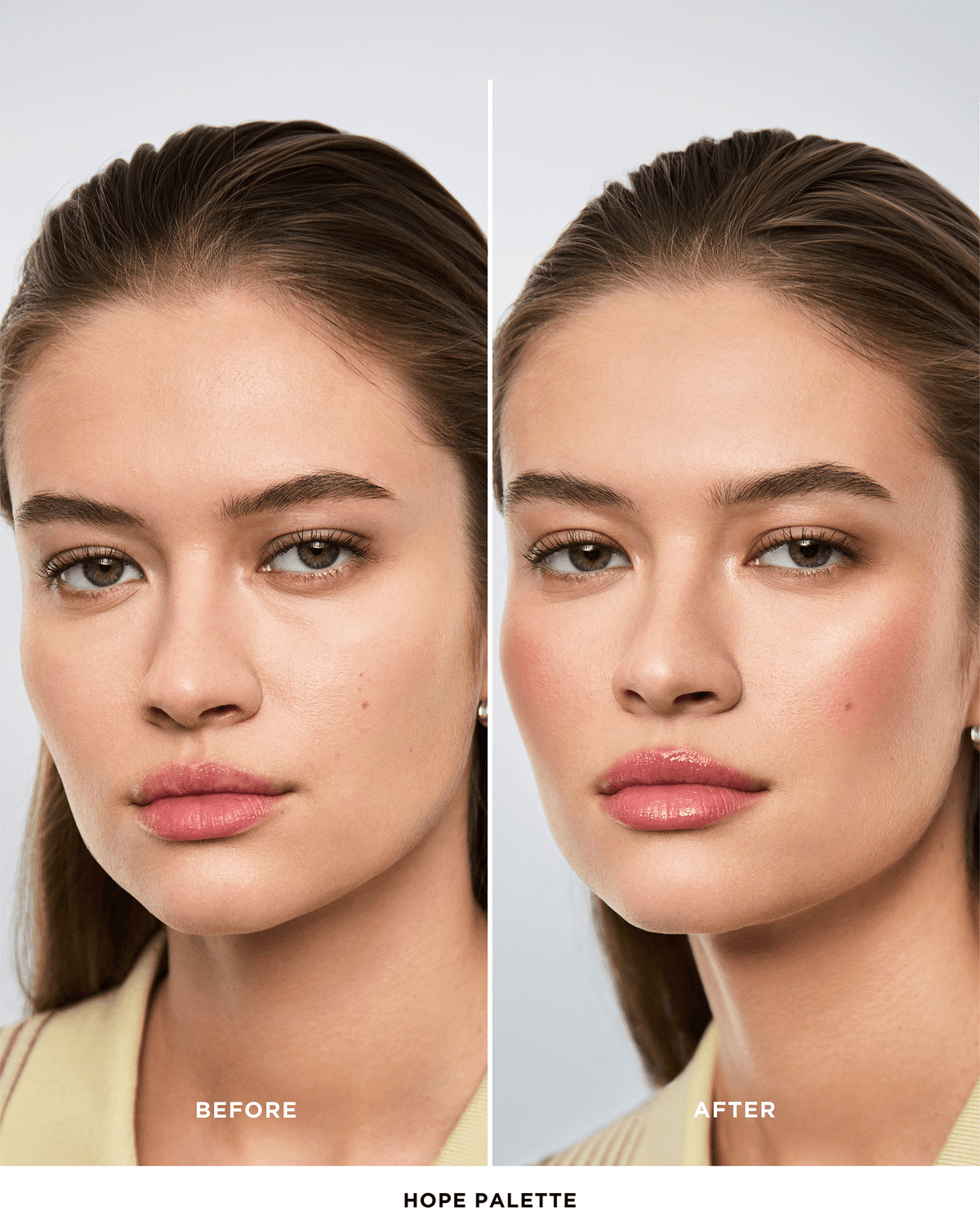 Before-and-after comparison showing the model’s complexion before and after applying the Hourglass Hope Palette, with added blush, warmth, and luminosity.
