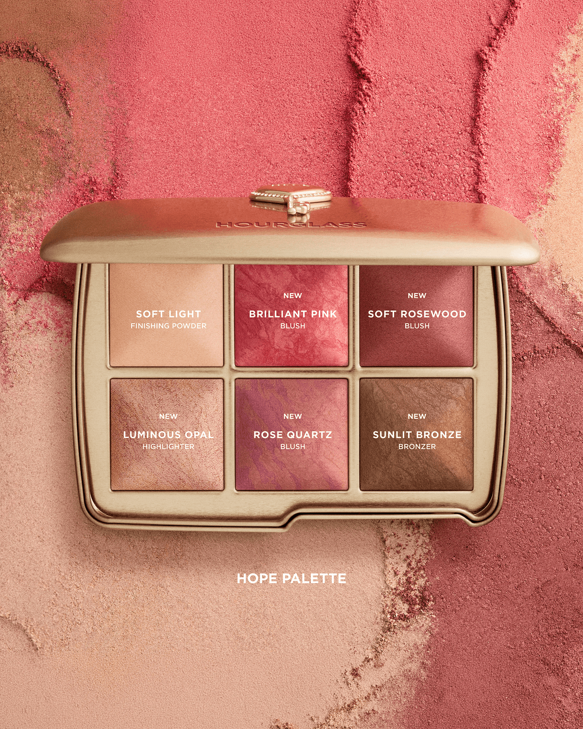 Open Hourglass Hope Palette surrounded by coordinating powder textures, highlighting Soft Light, Brilliant Pink, Soft Rosewood, Luminous Opal, Rose Quartz, and Sunlit Bronze.