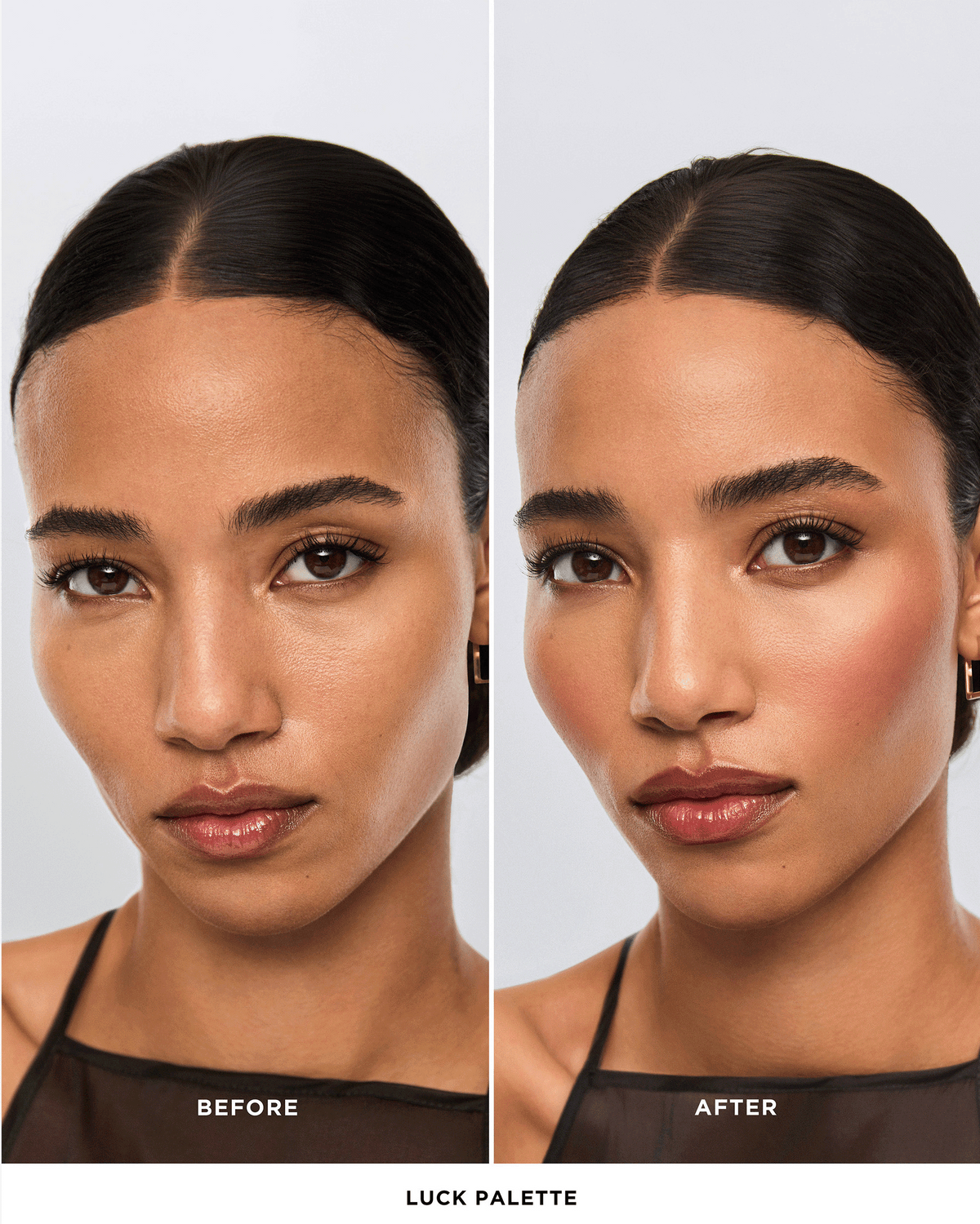Before-and-after comparison showing the model’s complexion before and after applying the Hourglass Luck Palette, with added blush, warmth, and radiance.