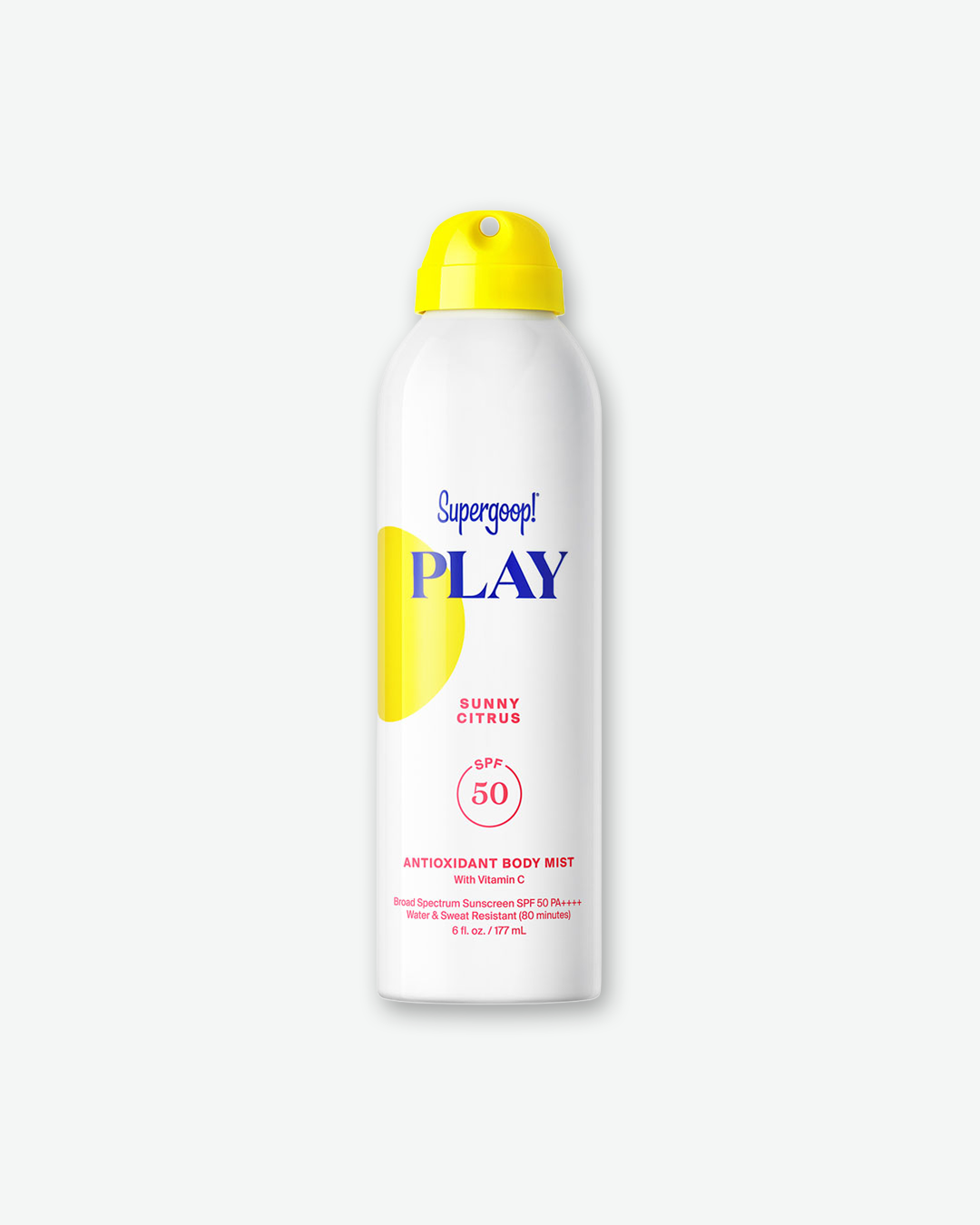 A white spray bottle of Supergoop! PLAY Sunny Citrus Antioxidant Body Mist with Vitamin C, featuring a bright yellow cap and a broad spectrum SPF 50 rating.