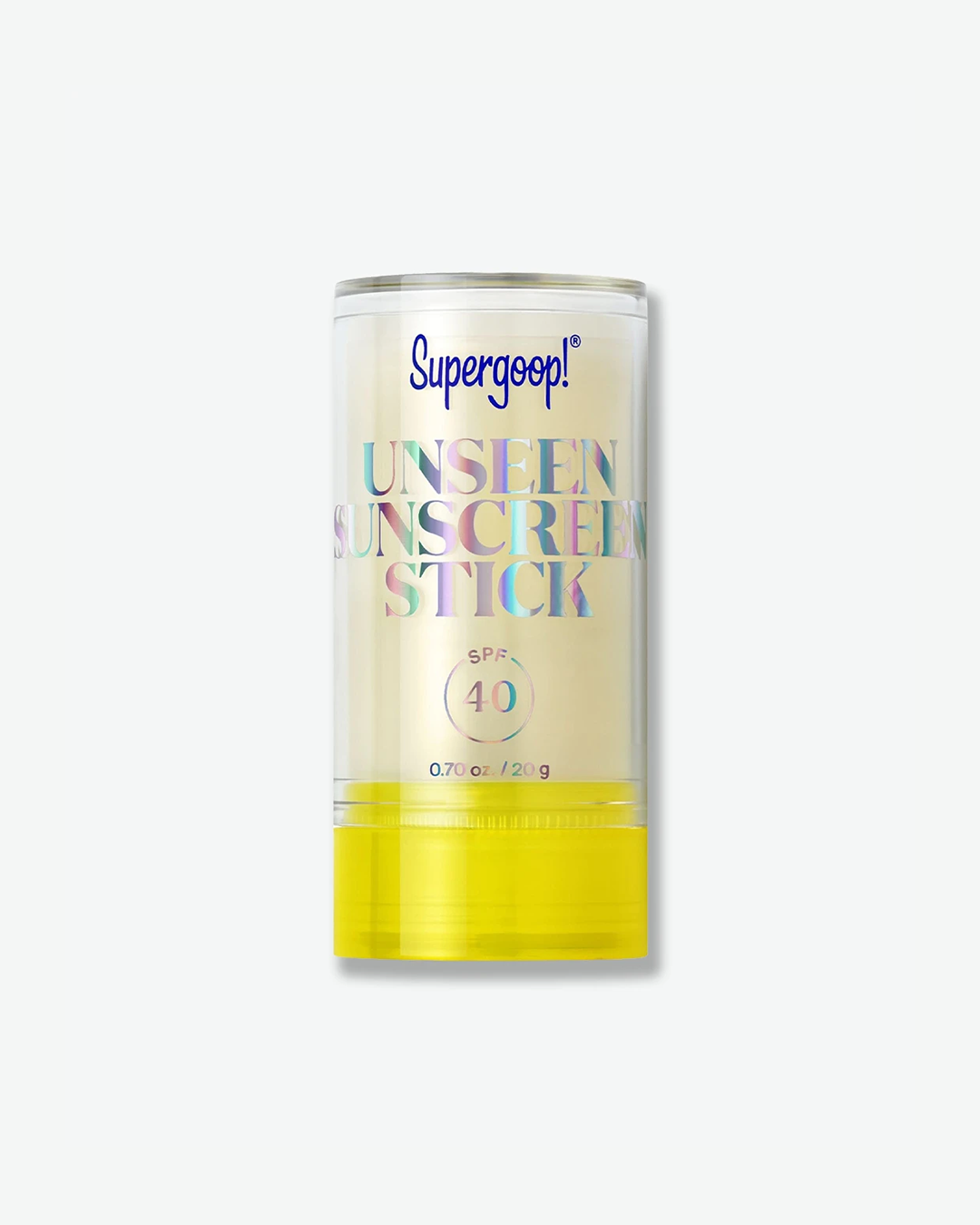 Supergoop! Unseen Sunscreen Stick SPF 40 in a clear cylindrical twist-up stick tube featuring holographic lettering and a bright yellow base cap, isolated on a light grey background.