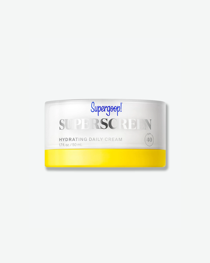 Supergoop! Superscreen Hydrating Daily Cream SPF 40 in a low-profile white jar featuring silver metallic lettering and a bright yellow base trim, isolated on a light grey background.