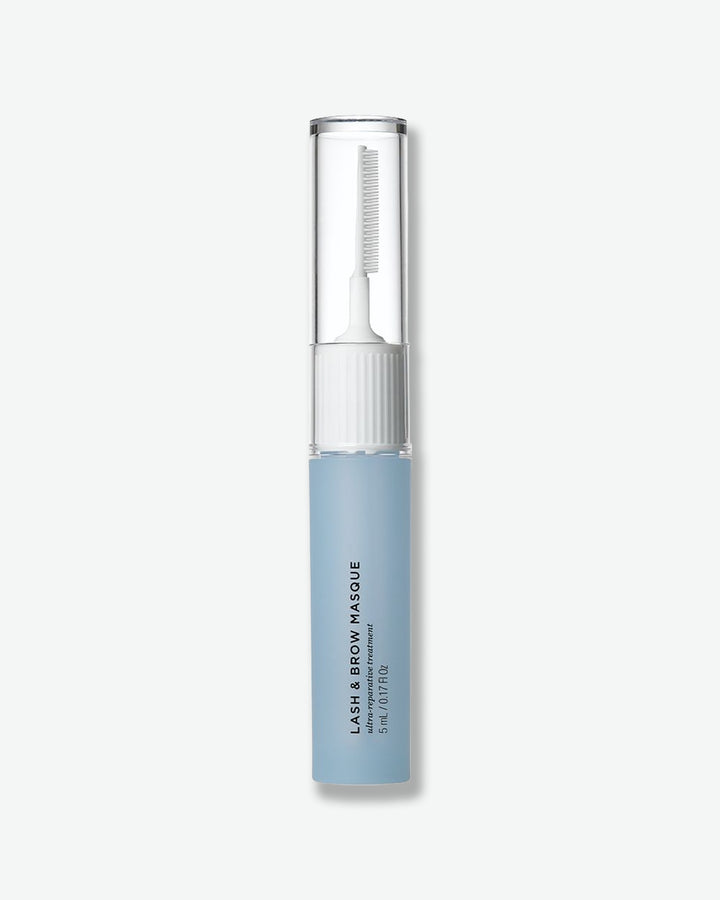 Brow product with blue cap and clear top on white background