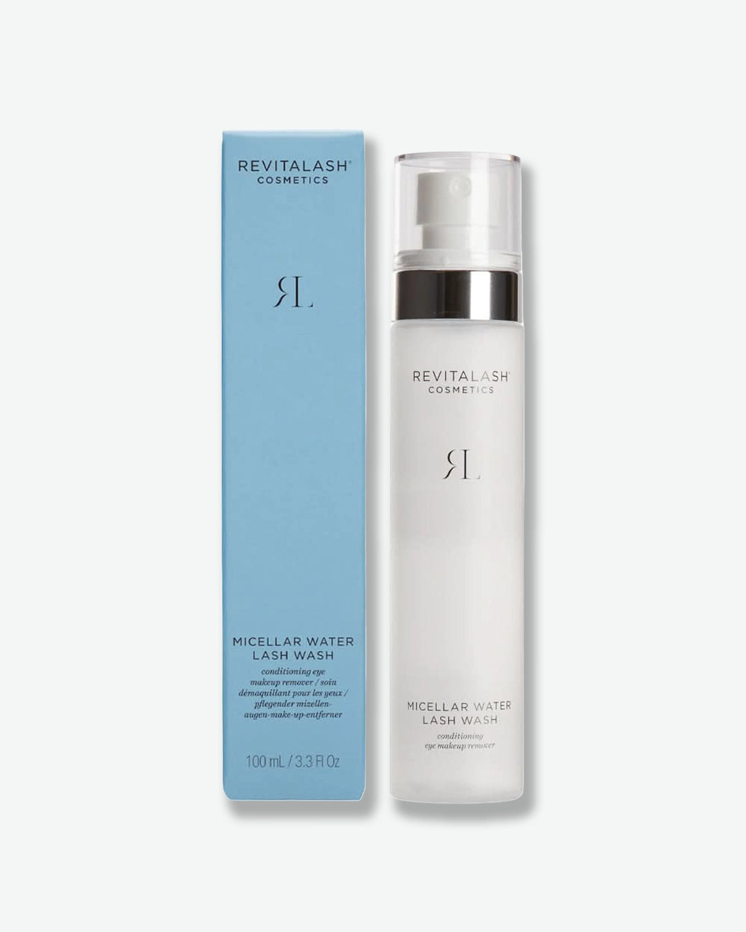 Revitalash Micellar Water Lash Wash bottle and packaging on a white background