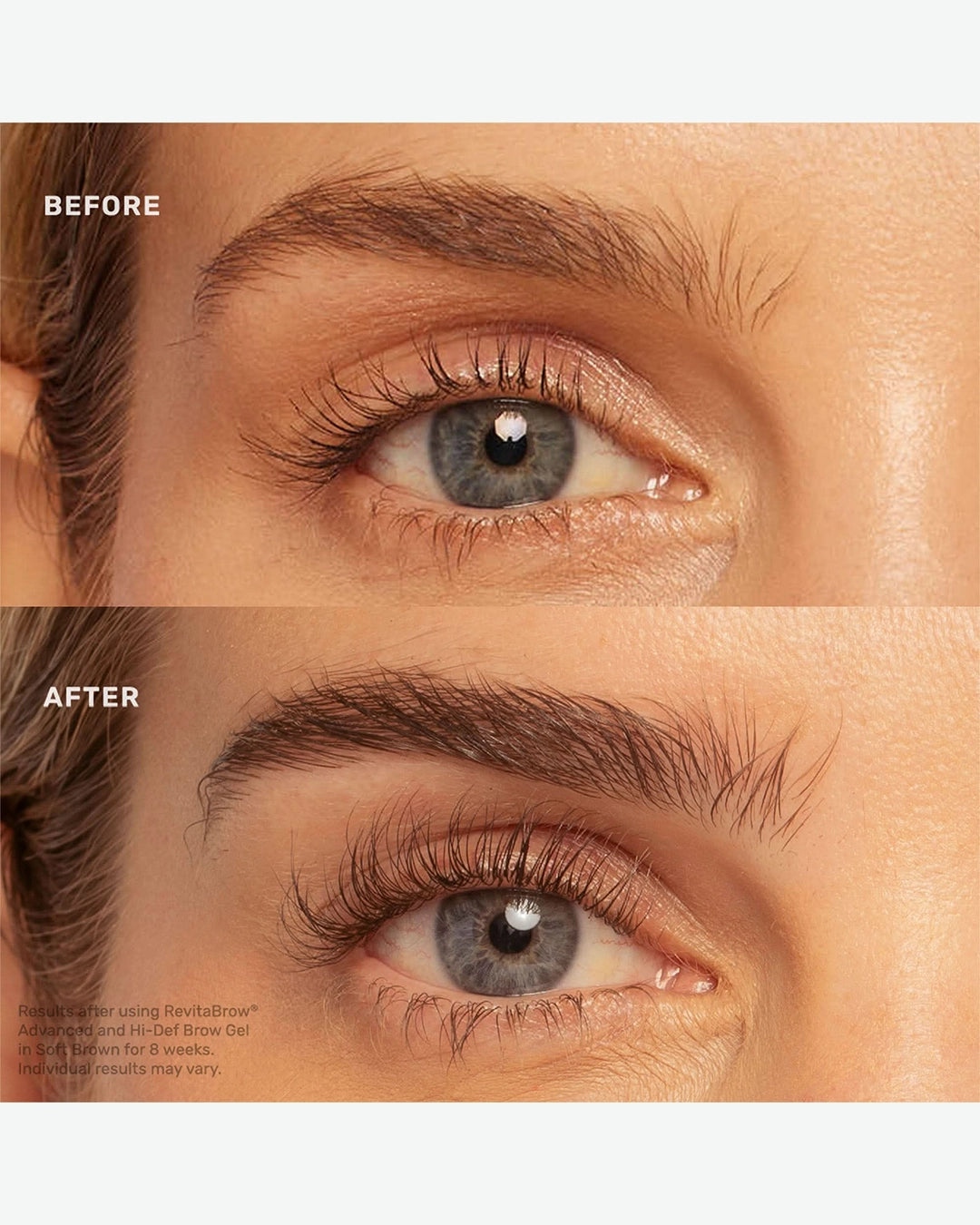 Before and after comparison of an eye with eyebrow enhancement.
