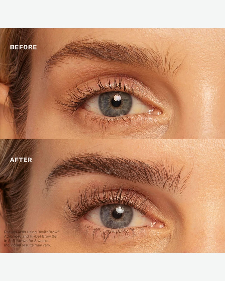 Before and after comparison of an eye with eyebrow enhancement.