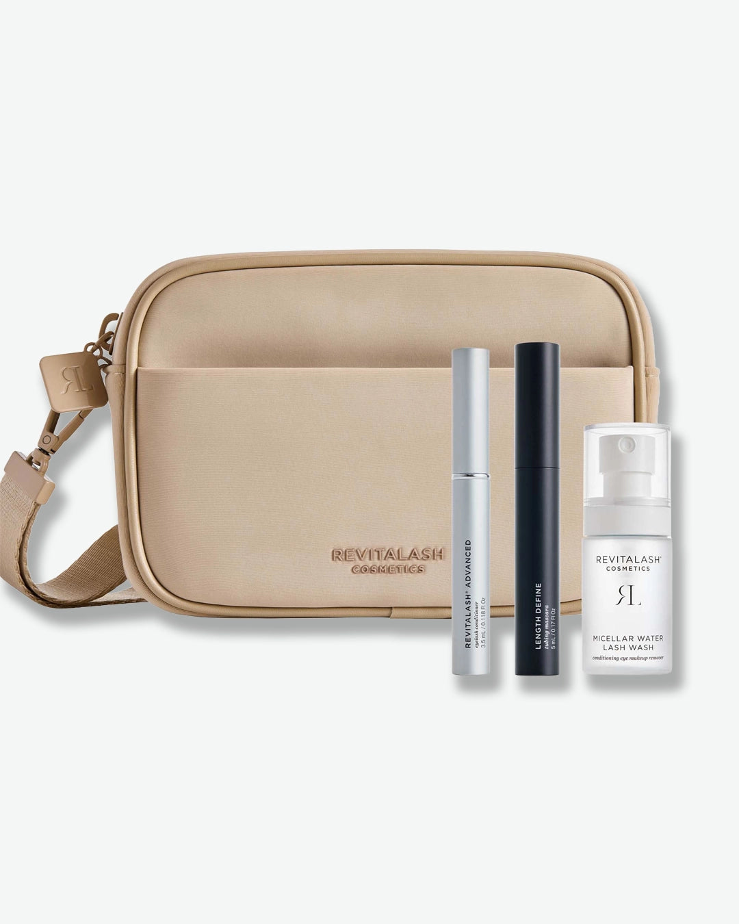 Beige travel bag with Revitalash cosmetic products on a white background