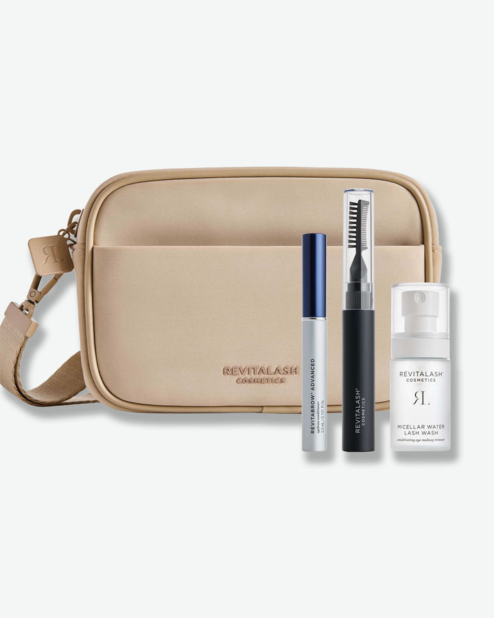 Revitalash cosmetic bag with eyelash care products on a white background