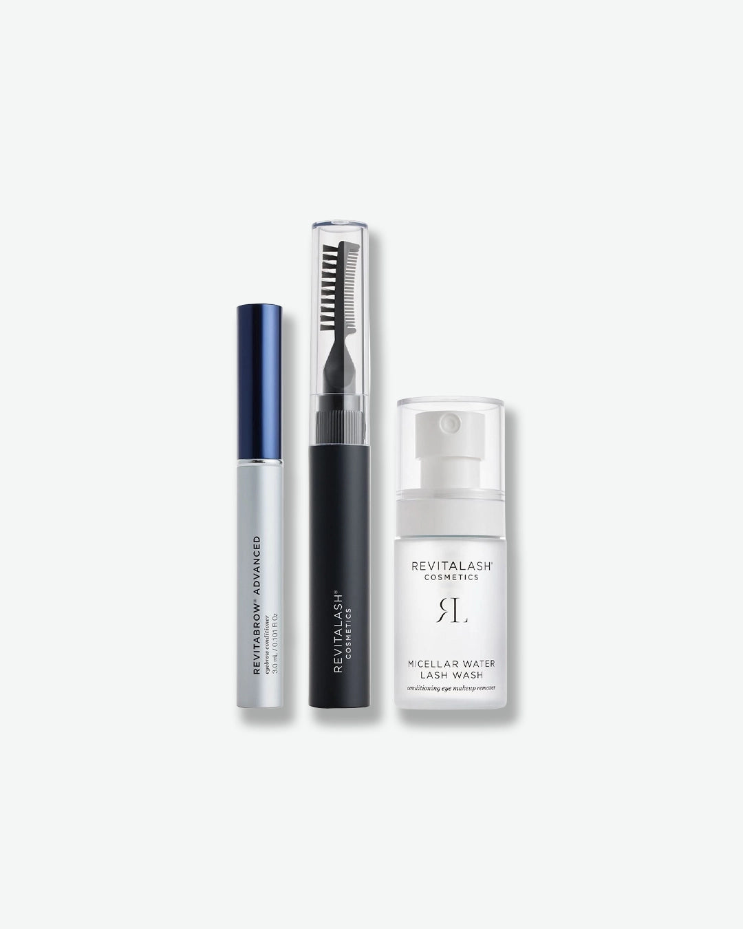 Revitalash cosmetic products including a mascara, eyeliner, and micellar water on a white background