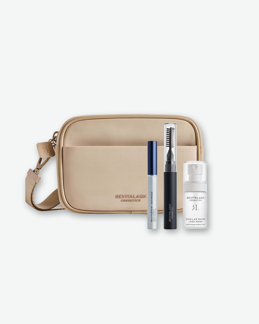Beige handbag with RevitaLash products on a white background
