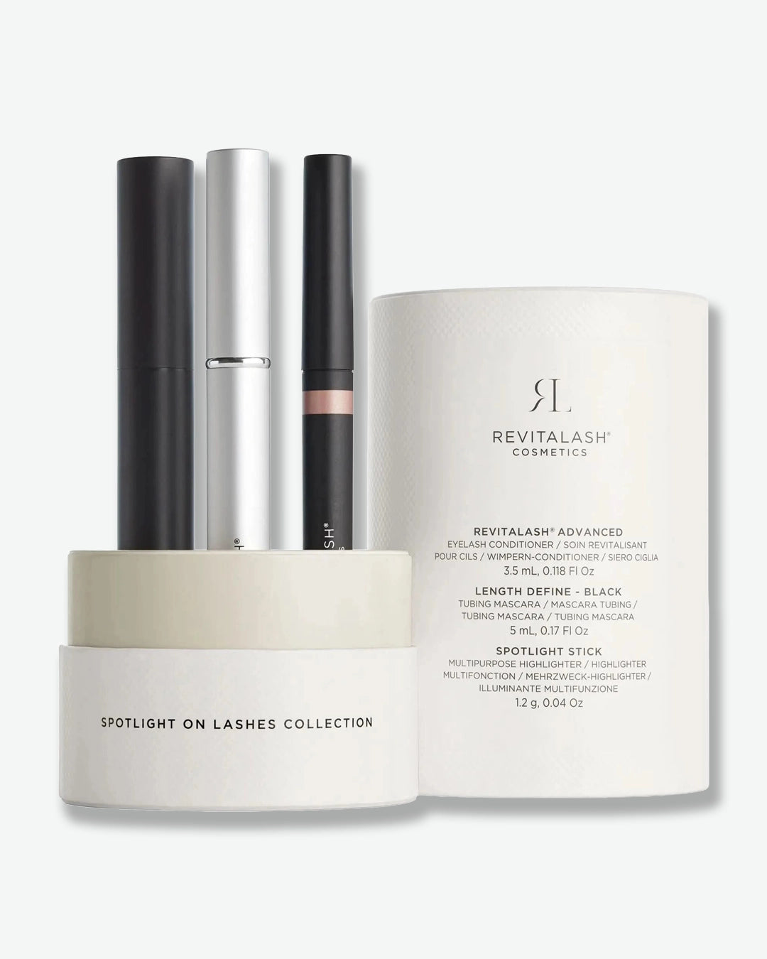 Revitalash cosmetic products including mascara, eyelash conditioner, and stick on a white background