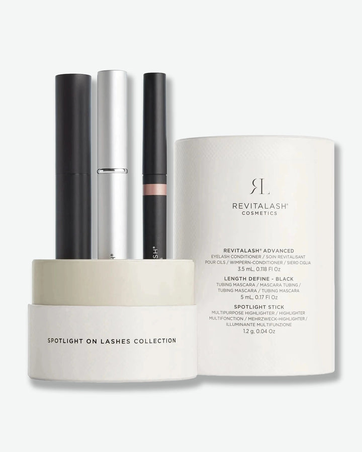 Revitalash cosmetic products including mascara, eyelash conditioner, and stick on a white background