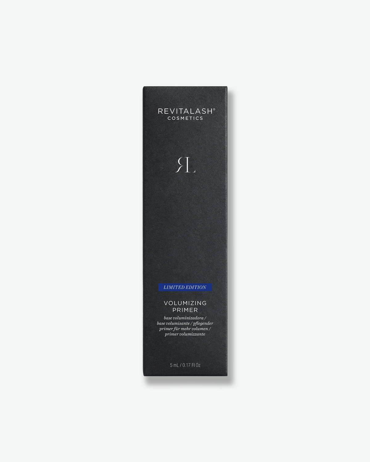 RevitaLash Cosmetics limited-edition Volumizing Primer in its black box with blue accent detailing.