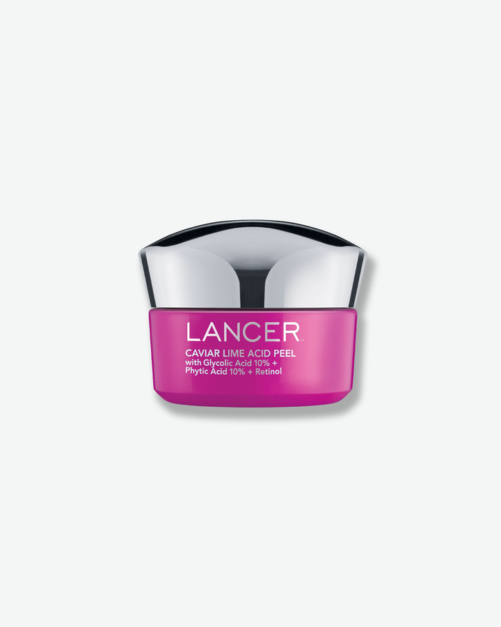 Front view of a Lancer Caviar Lime Acid Peel jar against a plain gray background. The container consists of a vibrant magenta-pink base showcasing the product details and active ingredients in white text, paired with a distinctively contoured chrome metallic cap.