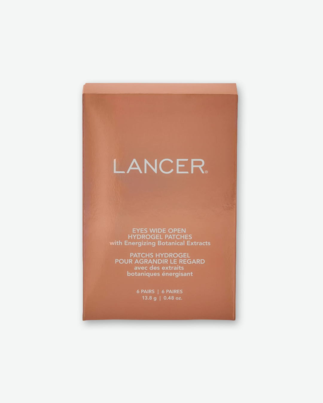 A product shot of the outer packaging box for Lancer Eyes Wide Open Hydrogel Patches, centered against a plain light gray background. The rectangular cardboard box features a metallic copper-bronze finish with smooth, reflective edges. The "LANCER" brand name is printed in large white sans-serif capital letters across the upper-middle section, followed by the product name and descriptive details below in a smaller white font.