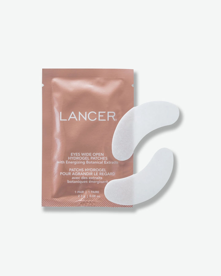 Lancer eye mask packaging with two white eye patches on a light gray background