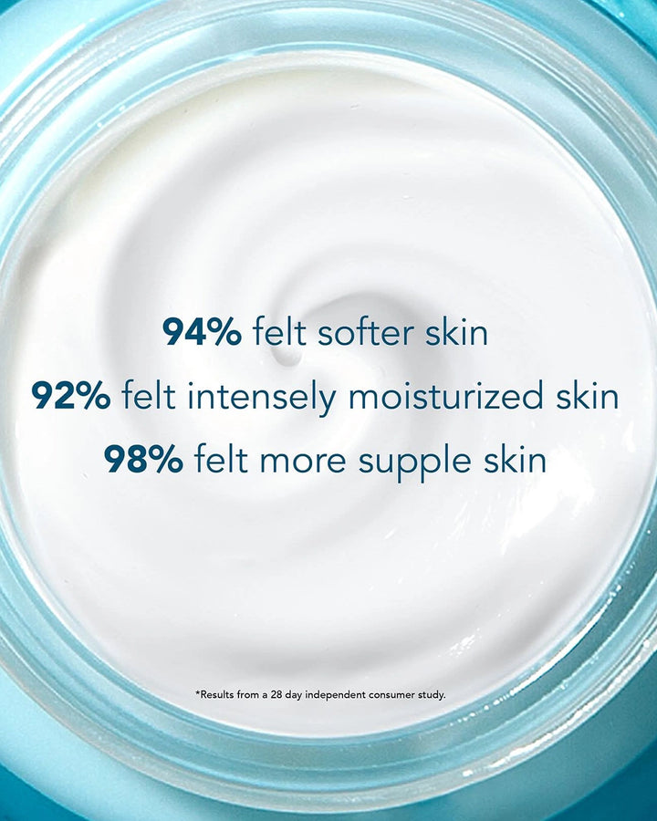 Container of cream with text indicating skin benefits on a blue background