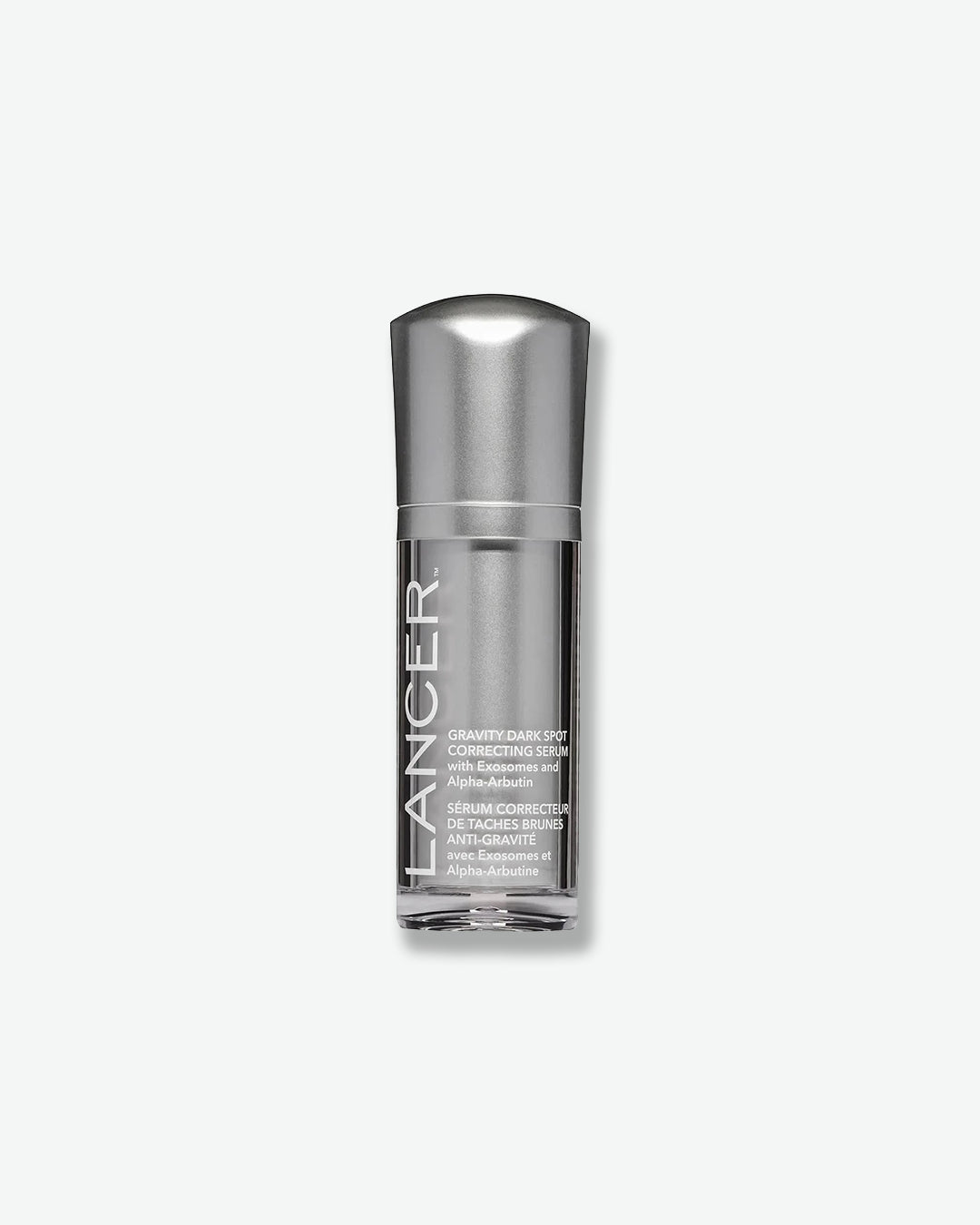 Silver skincare bottle with 'Lancer' branding on a white background
