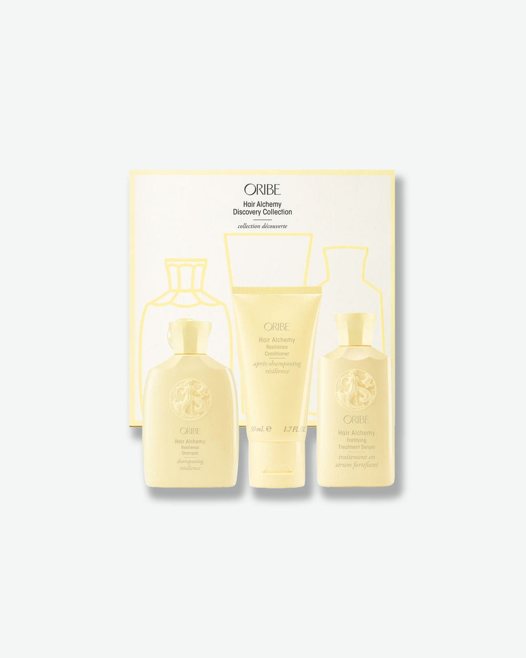 Oribe hair care product set with bottles and packaging on a white background