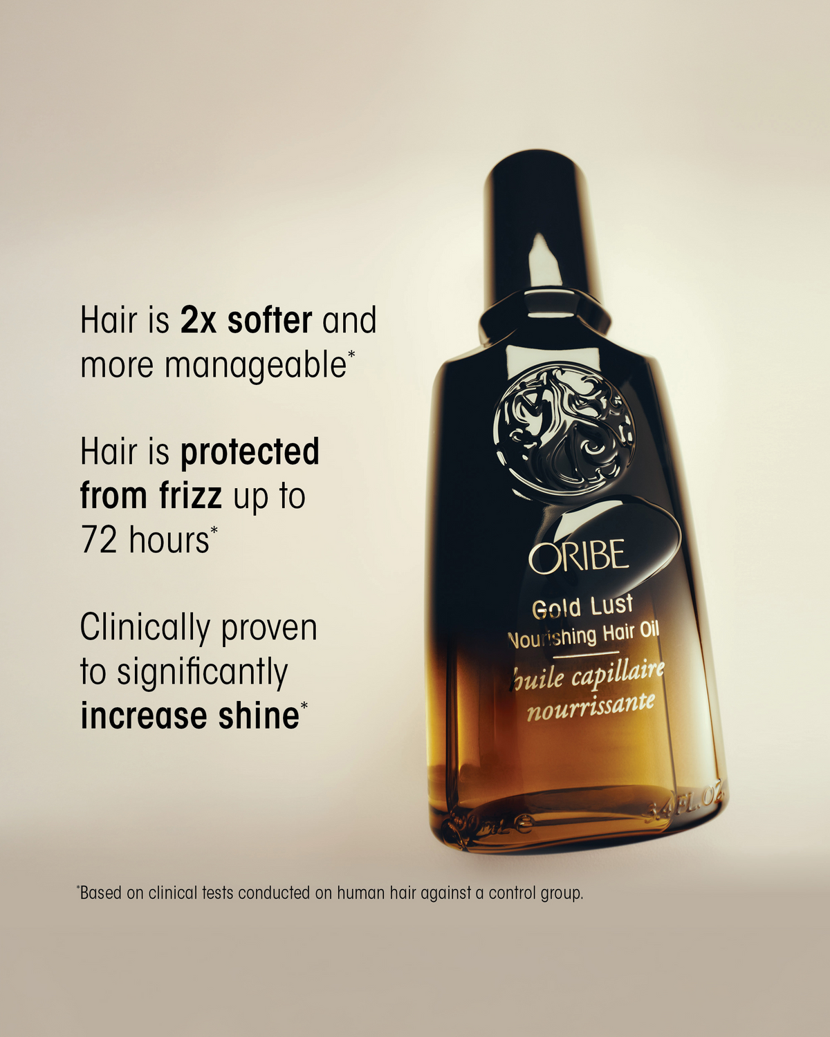 Oribe Gold Lust Nourishing Hair Oil with benefits including softer, more manageable hair, up to 72-hour frizz protection, and increased shine.