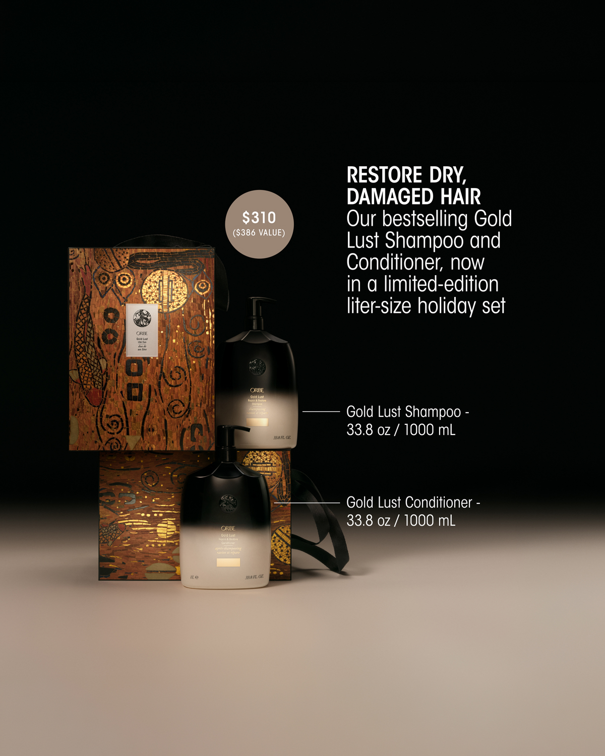 Oribe Gold Lust Liter Duo holiday set shown with limited-edition packaging, featuring full-liter Gold Lust Repair & Restore Shampoo and Conditioner.