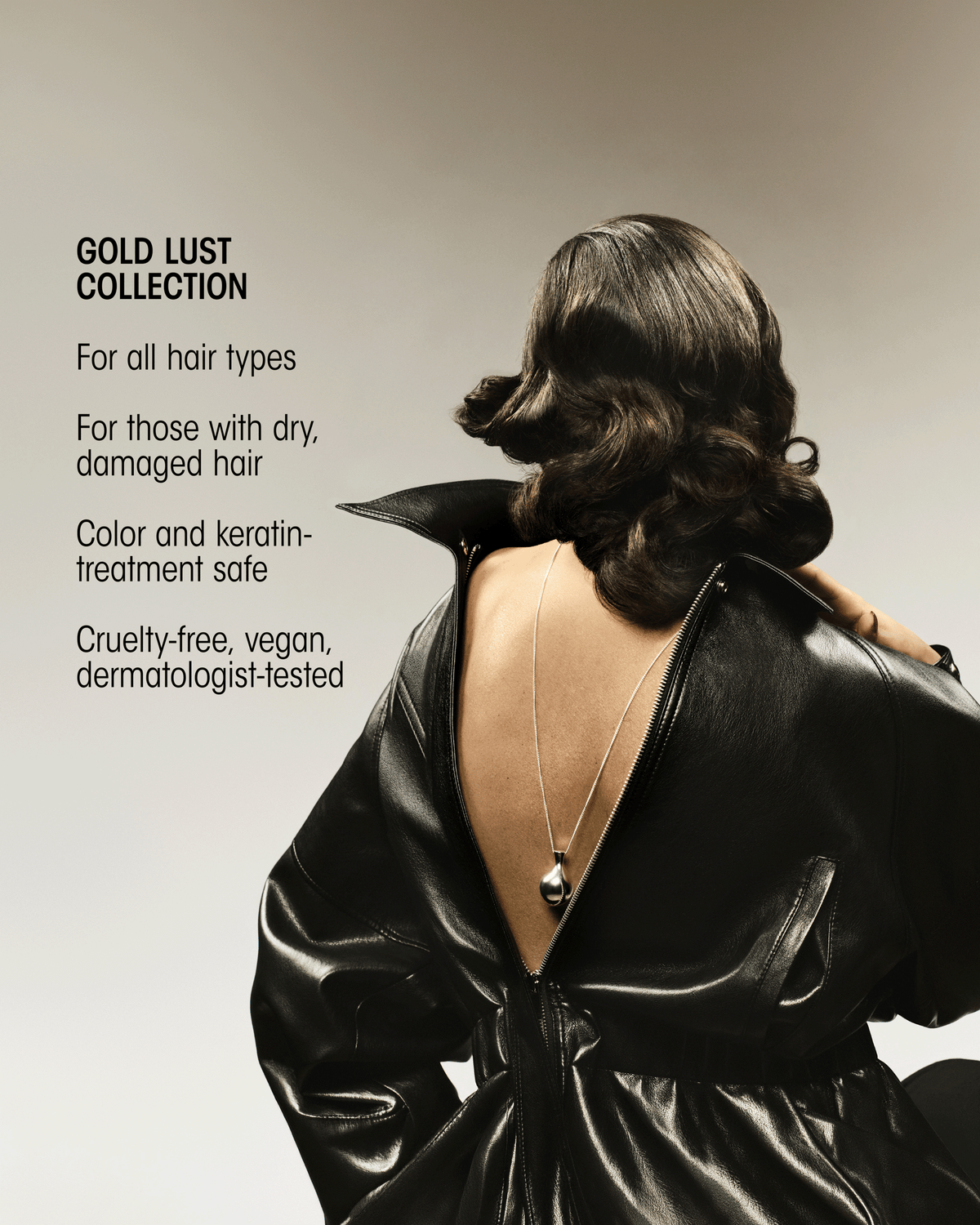 Oribe Gold Lust Collection campaign image featuring glossy styled hair and messaging for all hair types, including dry, damaged, color-treated, and keratin-treated hair.