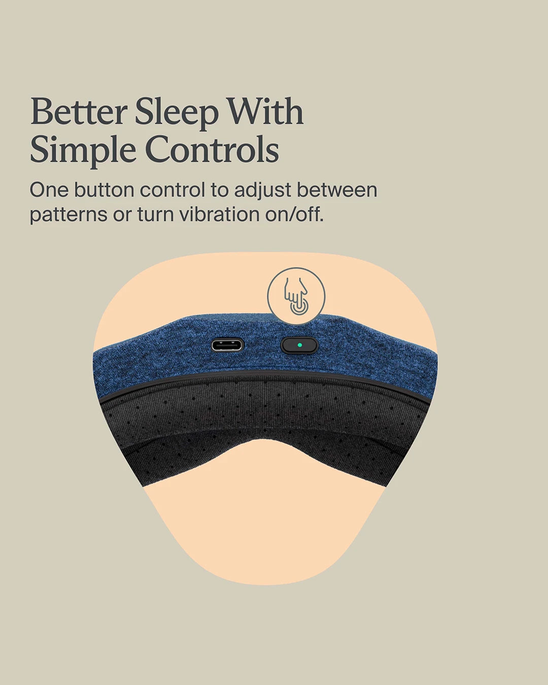 Sleep mask with blue and black design on a beige background, featuring text about simple controls.