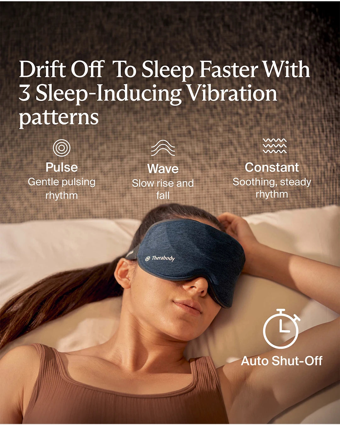 Woman wearing a sleep mask with vibration pattern options displayed above her.