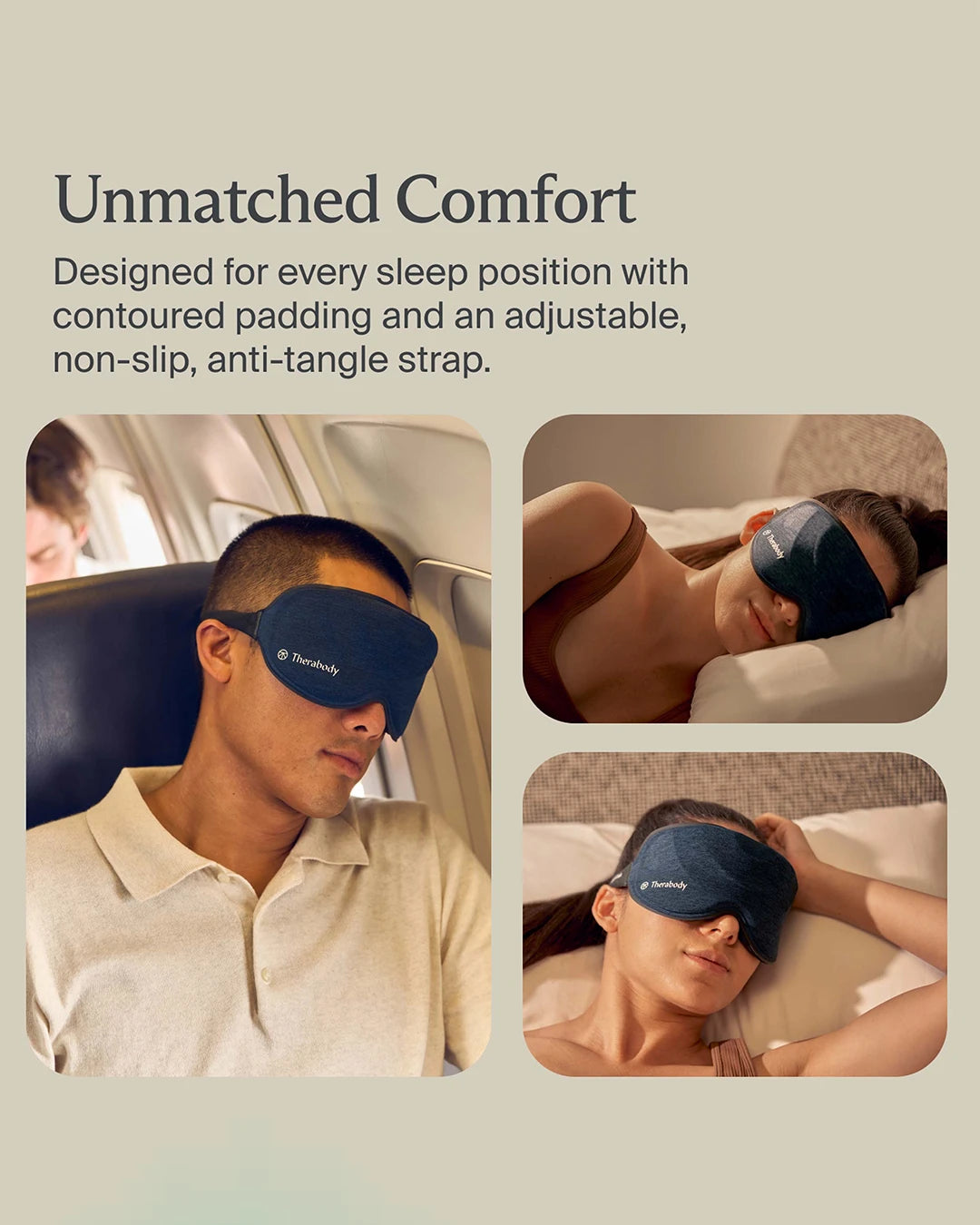 Sleep mask with text about comfort and features, used by a man and woman in various settings.