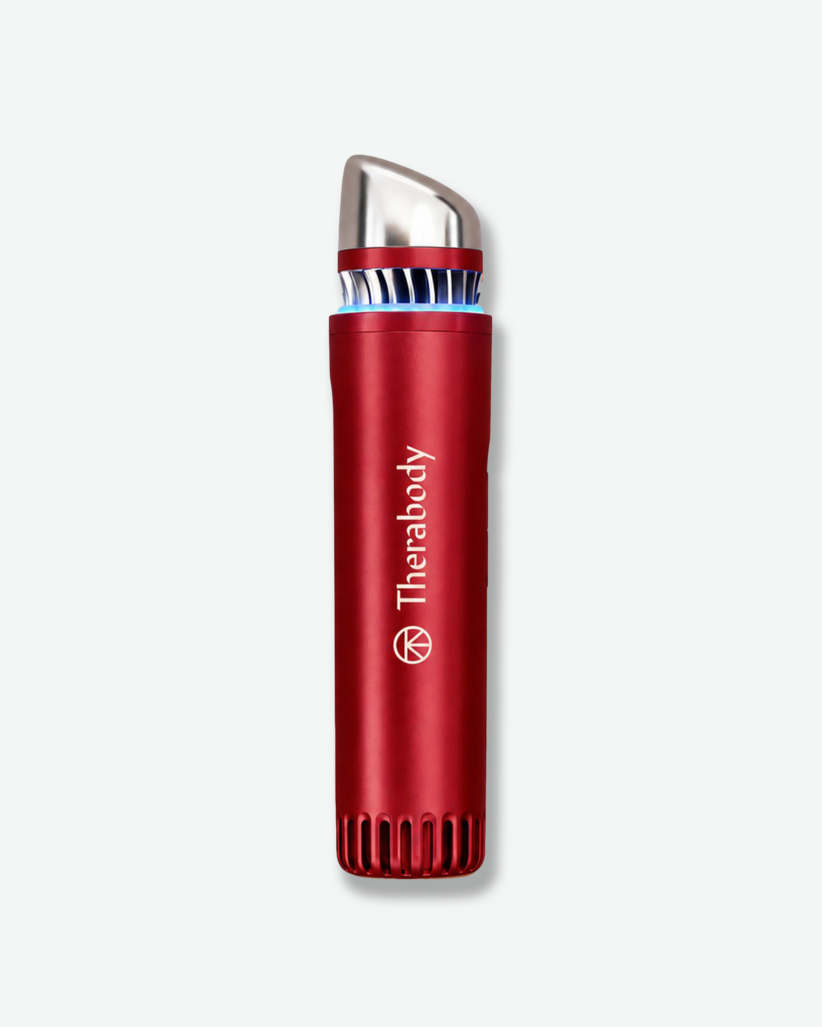 Therabody facial skincare device in metallic red with a contoured silver applicator tip and illuminated blue cooling ring.