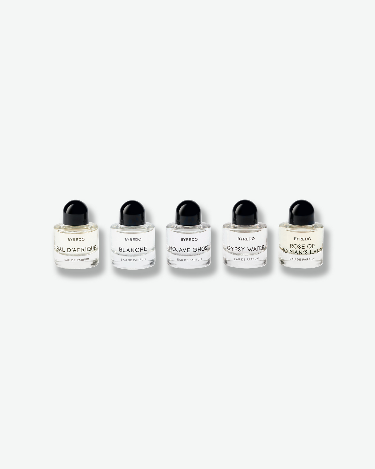 1. Five Byredo miniature Eau de Parfum bottles featuring Bal d’Afrique, Blanche, Mojave Ghost, Gypsy Water, and Rose of No Man’s Land.
