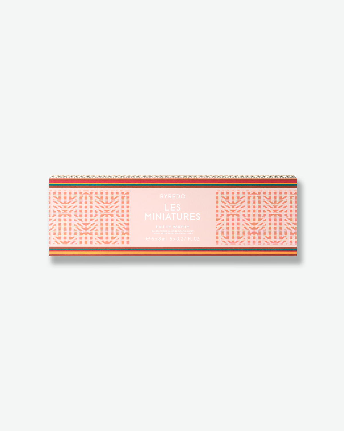 Byredo Les Miniatures Eau de Parfum gift set in a patterned pink and coral presentation box.