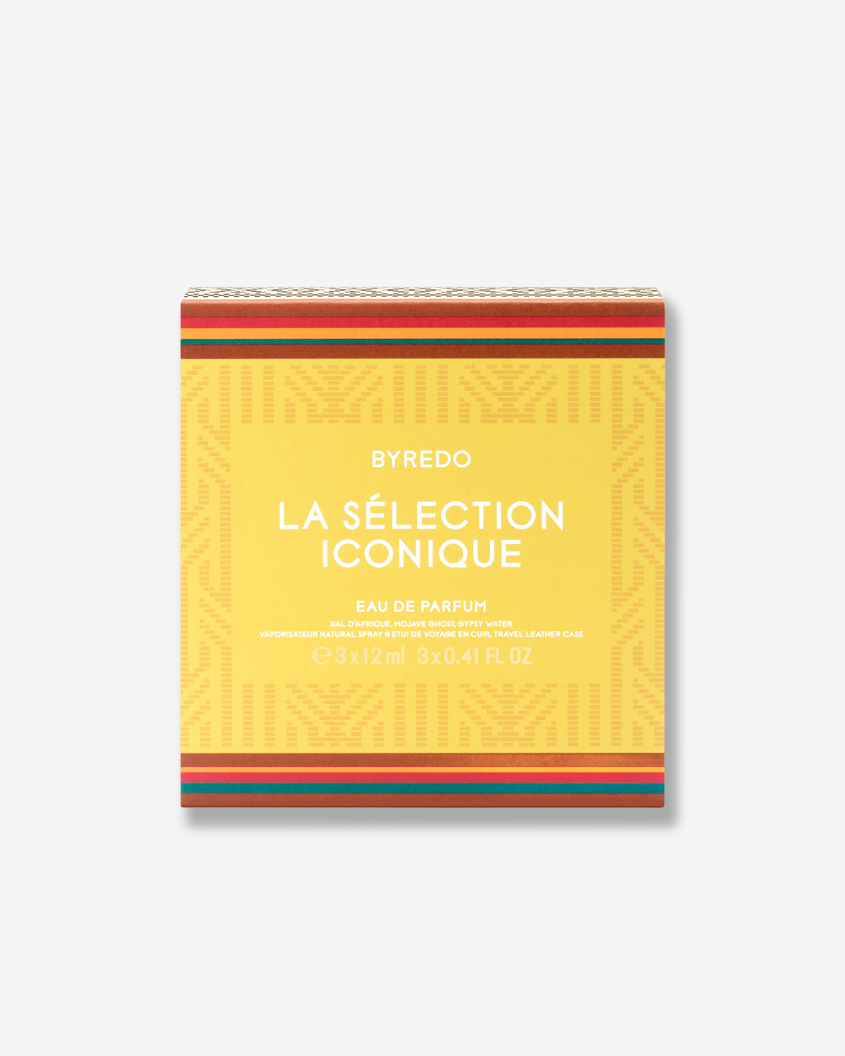 Byredo La Sélection Iconique Eau de Parfum gift set in a yellow patterned presentation box.