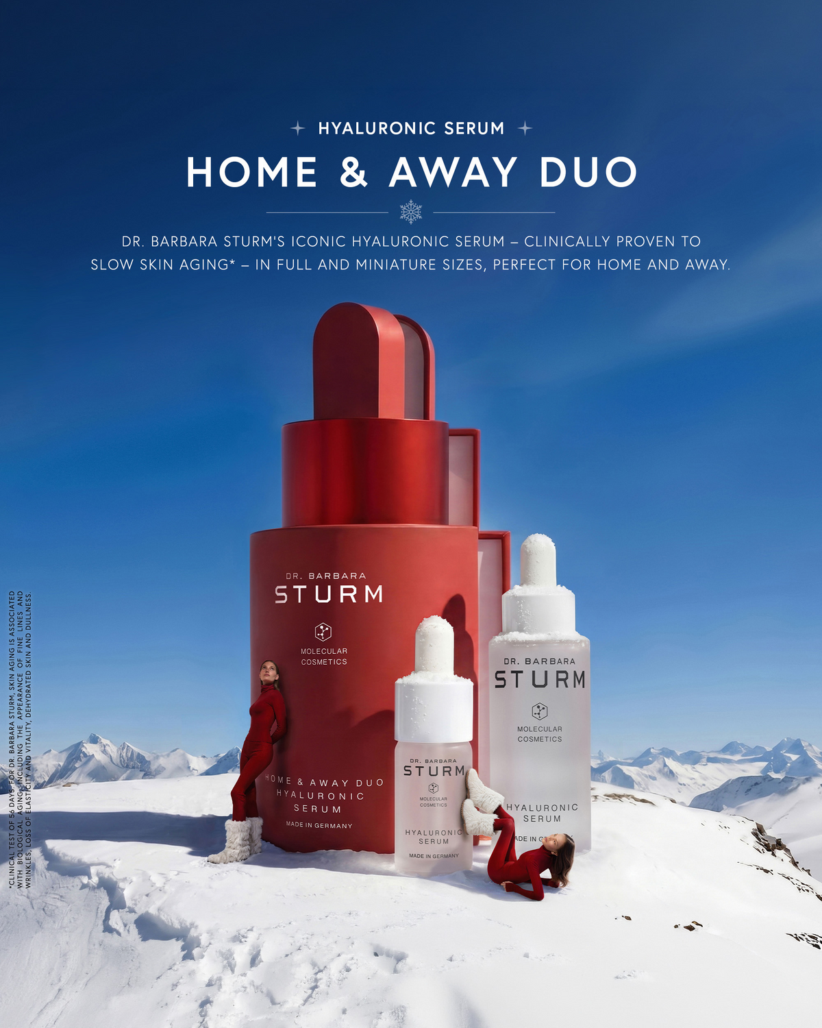 Dr. Barbara Sturm Hyaluronic Serum Home & Away Duo holiday campaign featuring full and miniature Hyaluronic Serum bottles against a snowy mountain landscape.