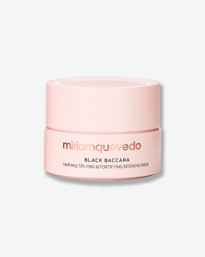 Pink hair mask jar with 'miriamquevedo' branding on a white background
