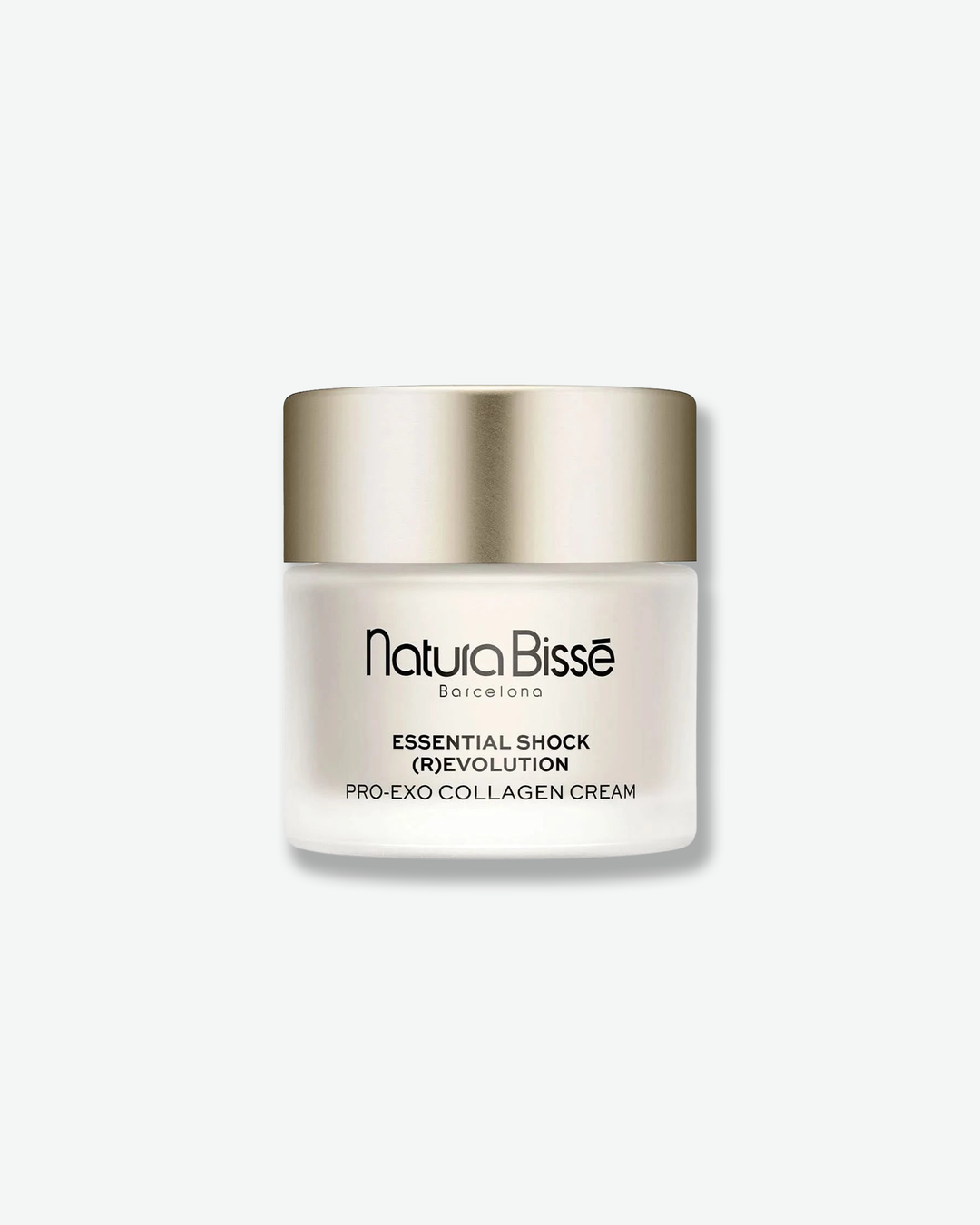 Front view of a Natura Bissé Essential Shock (R)evolution Pro-Exo Collagen Cream jar against a plain gray background. The vessel features a frosted white, translucent glass body printed with black branding, topped with a smooth, satin champagne-gold metallic lid.