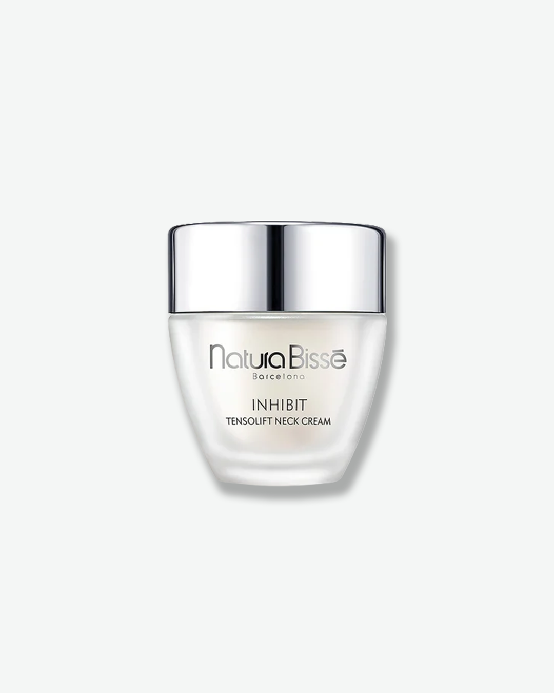 Front view of a Natura Bissé Inhibit Tensolift Neck Cream jar against a plain gray background. The product is housed in a unique, frosted white glass jar with a smooth, tapered v-shaped silhouette, topped with a flat, polished silver cap.