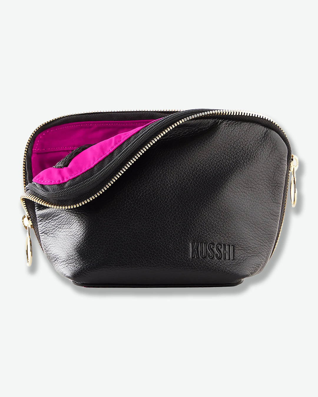 Black leather pouch with open top showing pink interior, brand 'Kusshi' visible.